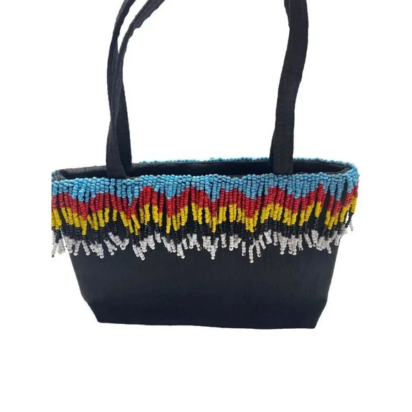 Vanessa Womens Black Fabric Purse With Bright Colored Beaded Fringe Around Rim - Picture 2 of 5